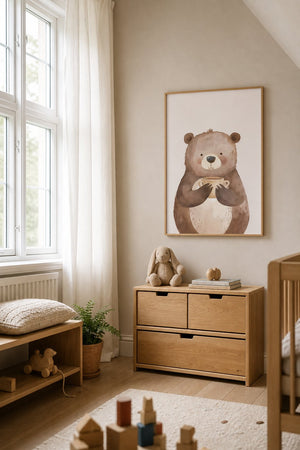 Bjørn med kop plakat i lysramme over kommode i børneværelse
