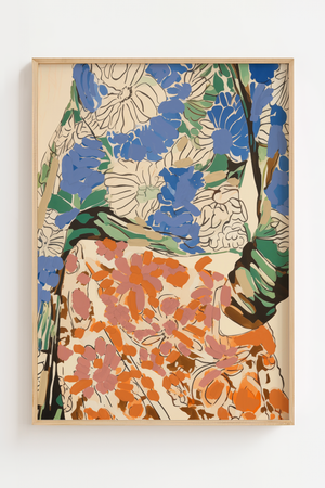 Blomsterhave plakat med blå, orange og rosa blomster i grafisk stil