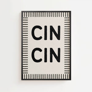 CIN typografiplakat med grafiske bogstaver og horisontale linjer i sort-hvid, sort ramme