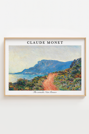 Corniche ved Monaco Monet plakat med kystlandskab i blå og korallerede nuancer