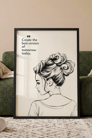 Create The Best Version plakat i egetræsramme ved sofa