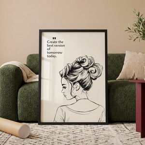 Create The Best Version plakat i egetræsramme ved sofa