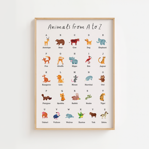 Dyr fra A til Å plakat med alfabetet illustreret i farverige dyrefigurer