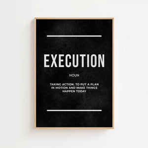 Execution Definition plakat med stor typografi på sort baggrund