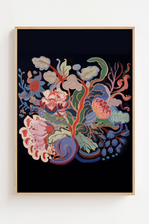 Fantastiske Blomster plakat med farverigt blomsterarrangement på mørk baggrund