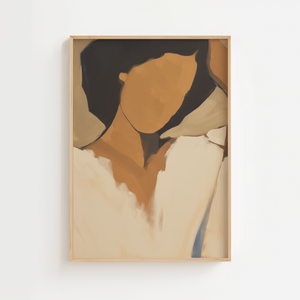 Figur i hvid skjorte plakat med kvindeprofil i beige og brune farver