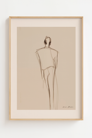Figurstudie plakat med stående figur i brune streger på beige baggrund