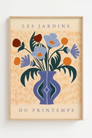 Forårsblomster i vase plakat med grafiske blomster i blå og orange nuancer