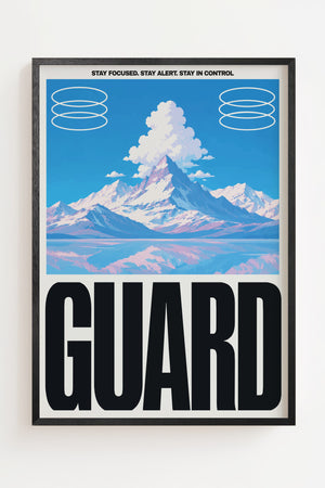 Guard bjerglandskab plakat med grafiske cirkelformer og typografi, sort ramme