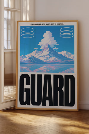 Guard bjerglandskab plakat med grafiske cirkelformer og typografi i egetræsramme på gulv ved vindue