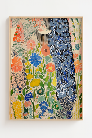 Havens blomster plakat med orange, blå og gule blomster i grafisk stil