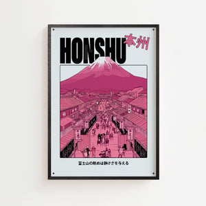 Honshu Mount Fuji plakat med japansk bylandskab i lyserøde og magenta toner, sort ramme