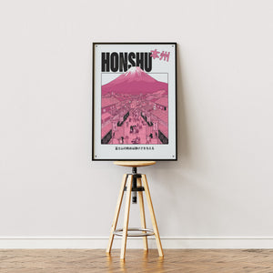 Honshu Mount Fuji plakat i egetræsramme på staffeli