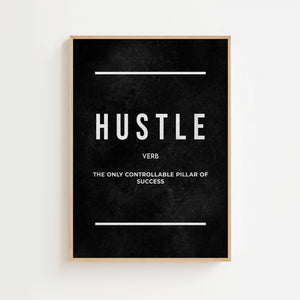 Hustle plakat med sort baggrund og hvid typografi og definition