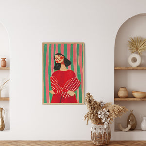 Farverig plakat med kvindefigur i røde nuancer og balancerede former på stribet baggrund