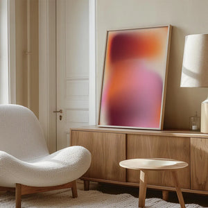 Minimalistisk kunstplakat med rød og beige farveovergang på væg