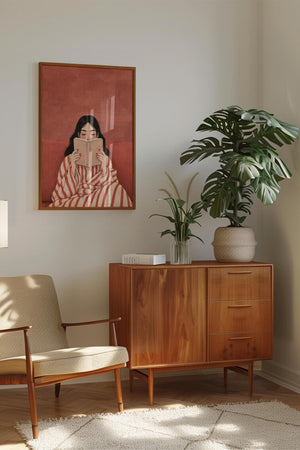 Illustration plakat af kvinde der læser bog – varm rosa og terrakotta baggrund, moderne kunst til væggen