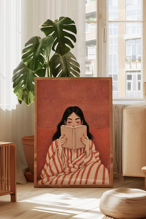 Illustration plakat af kvinde der læser bog – varm rosa og terrakotta baggrund, moderne kunst til væggen