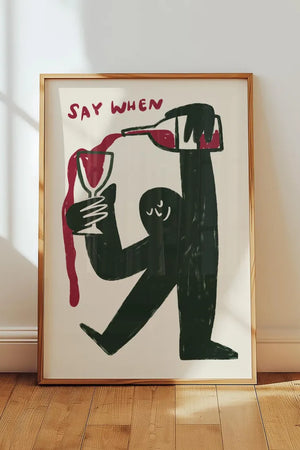 Pour Me Wine plakat med humoristisk vintekst til køkken, hjemmebar eller vinkrog.