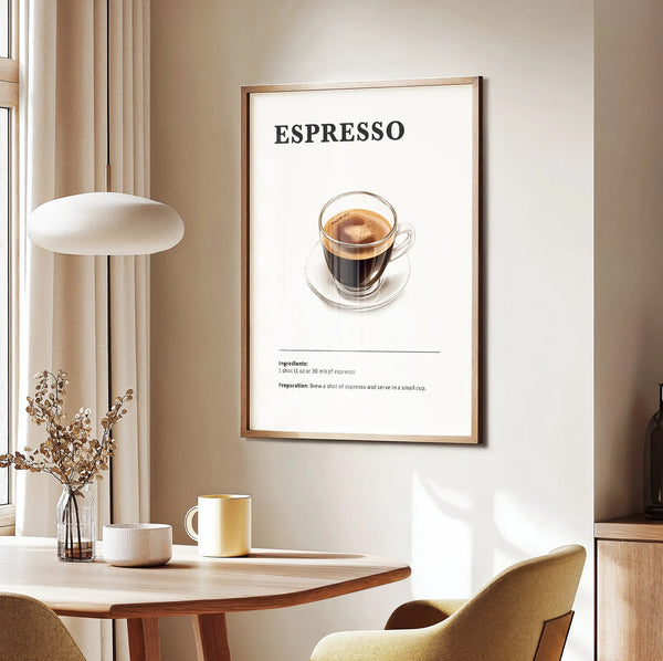 Espresso plakat med klar kop kaffe samt ingrediens- og opskriftstekst i minimalistisk design.
