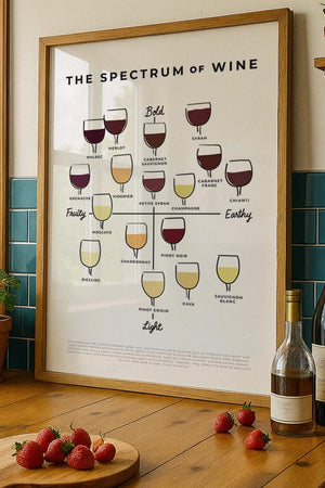 Vinplakat med smagsspektrum fra bold til light, illustreret med vinglas og vinvarianter – dekorativ og perfekt til køkken og hjemmebar.