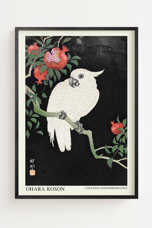 Kakadu med granatæble plakat i japansk træsnitsstil med hvid fugl, sort ramme