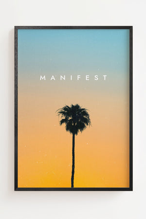 Manifest palmeplakat med sort palme mod farveovergang og hvid tekst, sort ramme