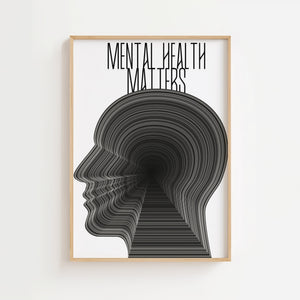 Mental Health Matters plakat med gentaget tekst i grafiske linjer der danner et profilmotiv