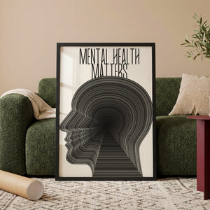Mental Health Matters plakat i egetræsramme ved sofa