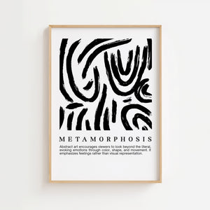 Metamorphosis abstrakt plakat med sorte penselstrøg i spiralformede bevægelser