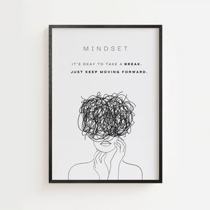 Mindset plakat med line art-figur og kaotiske tankestreger i sort-hvid, sort ramme