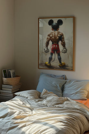 Musestærk plakat med muskuløs musefigur set fra ryggen i malerisk stil i egetræsramme over seng