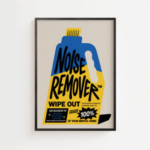 Noise Remover budskabsplakat med grafisk rengøringsflaske i blåt og gult, sort ramme