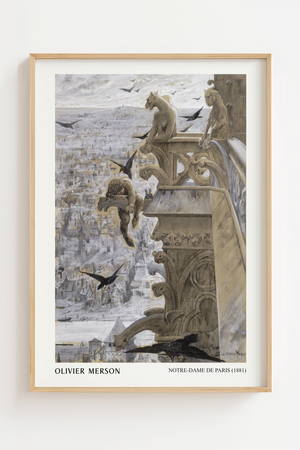 Notre Dame gargoyles plakat med stenskulpturer over Paris i grå og beige farver