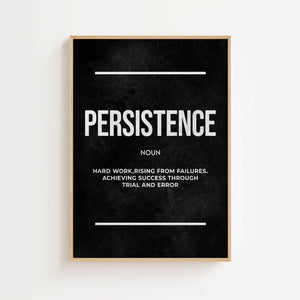 Persistence definition plakat med typografi i hvidt på mørk baggrund