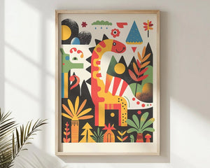 Dinosaur børneplakat med farverige illustrationer af dinosaurer som T-Rex og Triceratops. Perfekt til at skabe en sjov og eventyrlig stemning i børneværelset