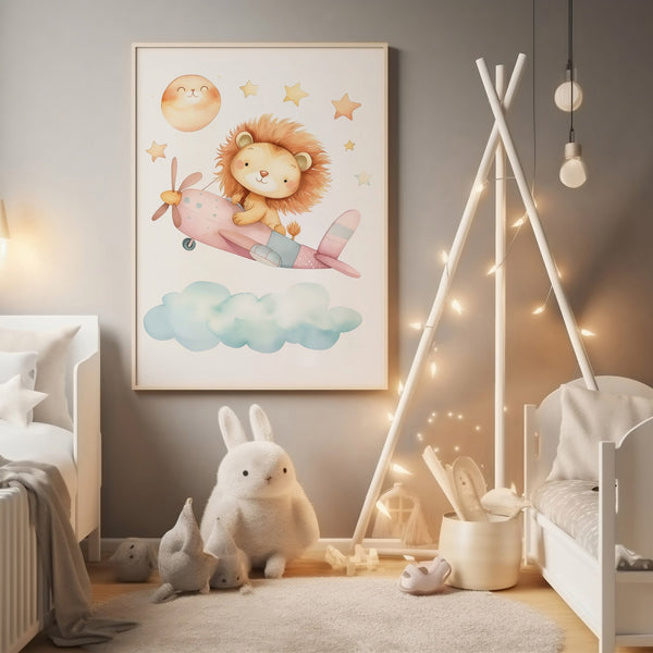 Lion in a Pink Plane - Children's poster 