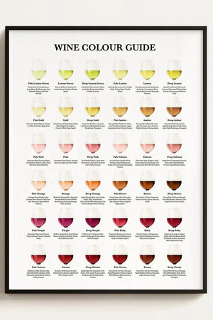 Stilren Wine Colour Guide plakat med farvenuancer for hvidvin, rosé og rødvin – perfekt til køkken og vinelskere.