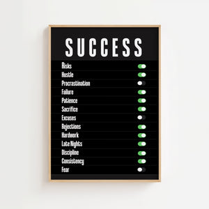 Success kontrolpanel plakat med hvid typografi og grønne knapper på sort baggrund