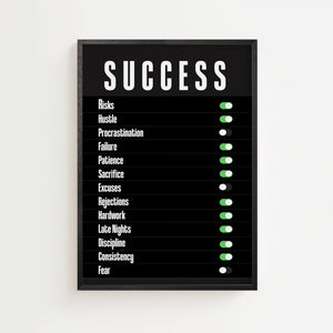 Success kontrolpanel plakat med hvid typografi og grønne knapper på sort baggrund, sort ramme