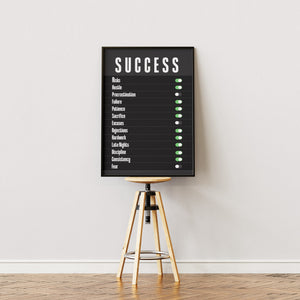 Success kontrolpanel plakat med hvid typografi og grønne knapper på sort baggrund i egetræsramme på staffeli