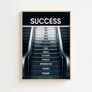 Success trappe plakat med hvide bogstaver på grå trin