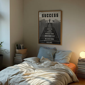 Success trappeplakat med sort-hvid fotografi og motiverende ord på hvert trin i egetræsramme over seng
