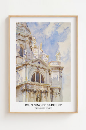 The Salute Venice Sargent plakat med venetiansk kirke i bløde blå toner