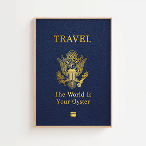 The World Is Your Oyster plakat med pasdesign i guldgult og marineblåt