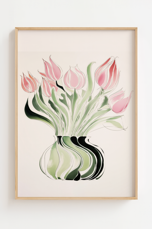 Tulipaner i stribet vase plakat med lyserøde blomster og grafisk mønster